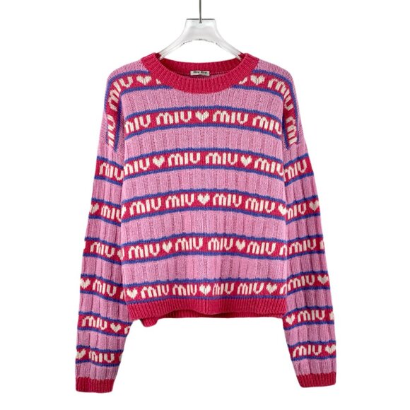 DW0561 MiuMiu colorblock logo letter stripe intarsia round neck long sleeve swea